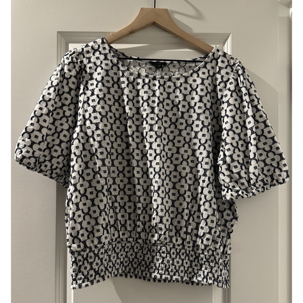 Ann Taylor Factory XL Embroidered Puff Sleeve Smocked Waist Cotton Blouse